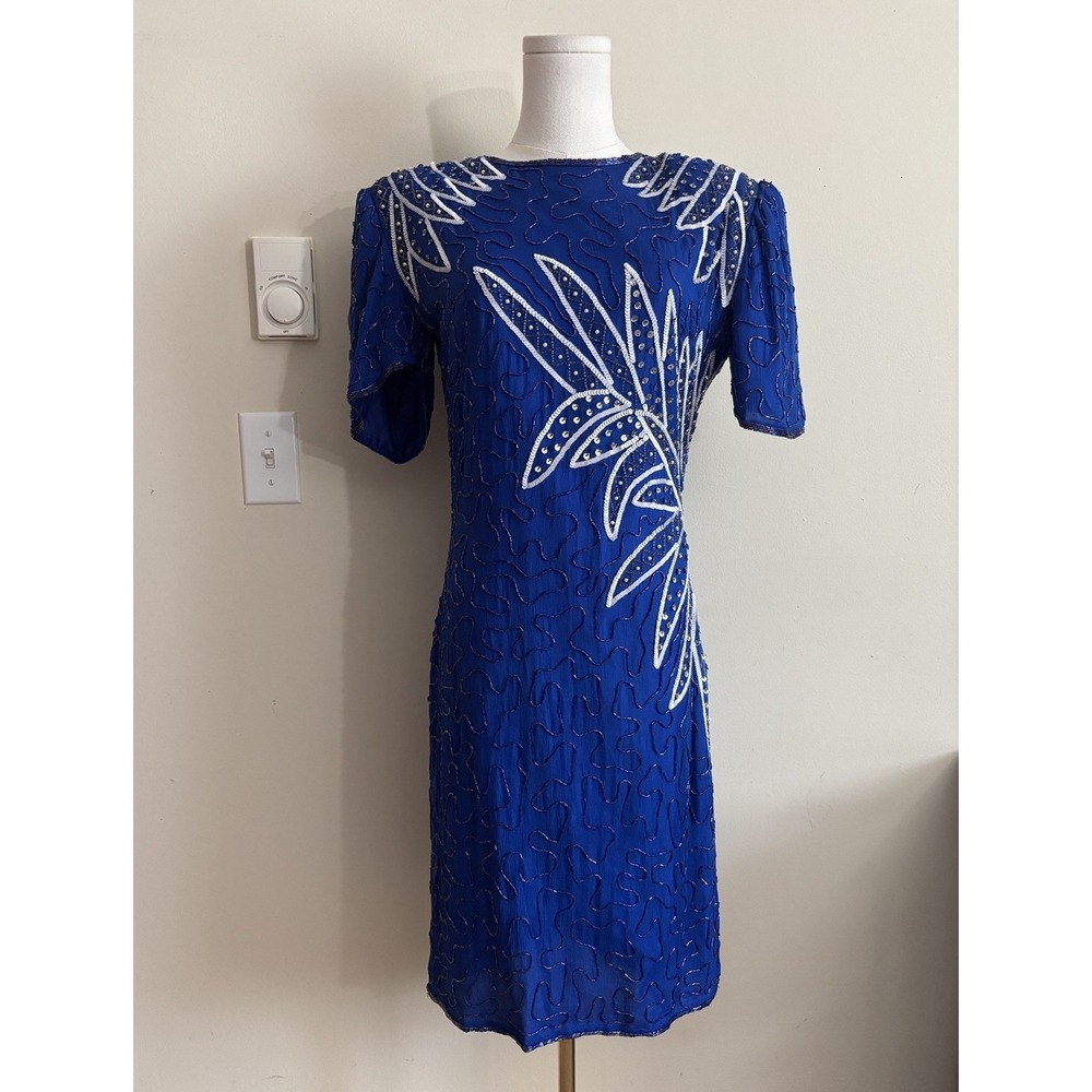 Vintage Rare 1980s Beaded Silk Cocktail Dress Sweelo Small Med Blue Party‎ NYE